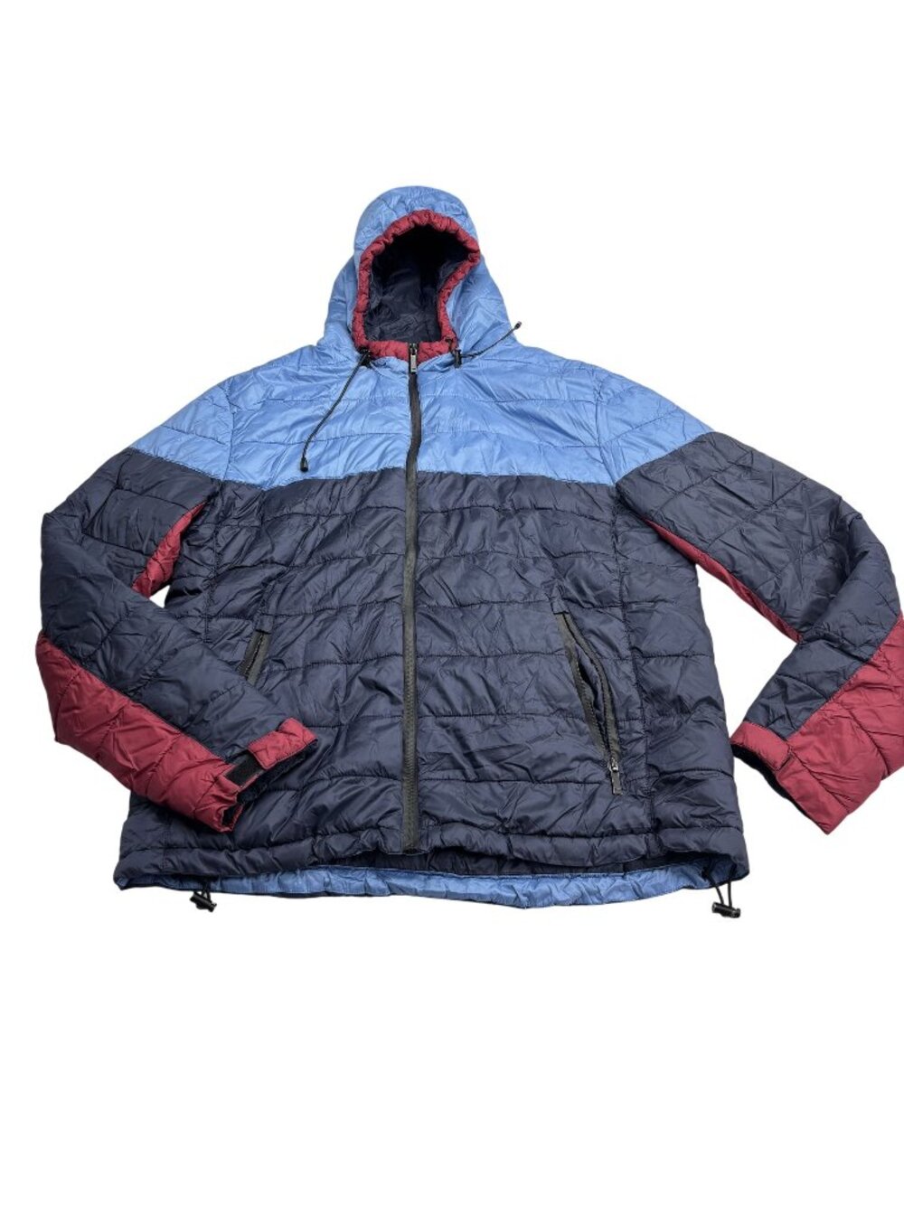Zara Mens Colorblock Puffer Jacket XL Blue/Red/Navy Lightweight Hooded Nylon War